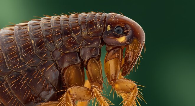 Extreme close-up of a flea showing detailed anatomy and adaptations for parasitism