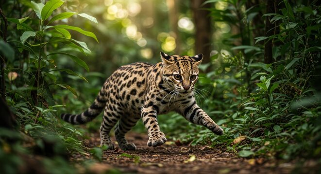 A captivating margay cat captured mid-pounce in its natural habitat surrounded by lush greenery