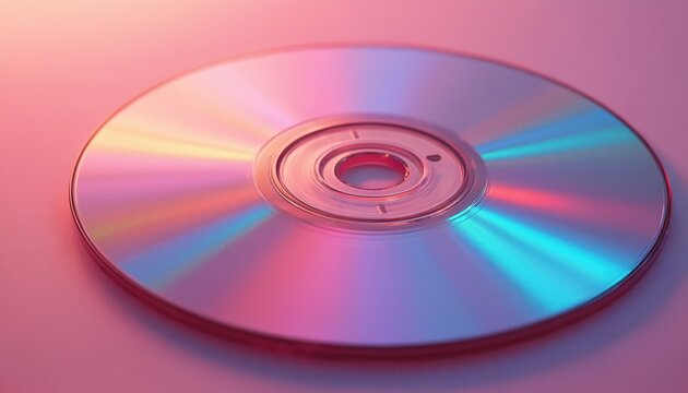 Close-up illustration of pink CD DVD with iridescent rainbow reflections. Features silver reflective surface with hole in center. Digital media disc represents data storage, music playback technology.