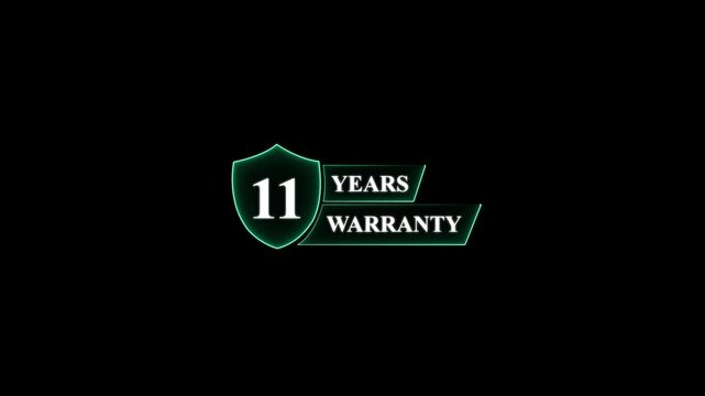 11 Years Warranty Shield Emblem eleven guarantee . Glowing neon animation and black background.