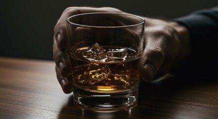 Elevated close-up shot featuring a hand gracefully holding a glass of whiskey