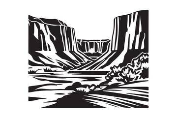 Dramatic black and white canyon landscape with river and trees