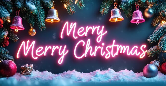 Festive scene shows bright neon Christmas greeting surrounded by evergreen branches, ornaments, snow. Warm holiday wishes conveyed. - Powered by Adobe