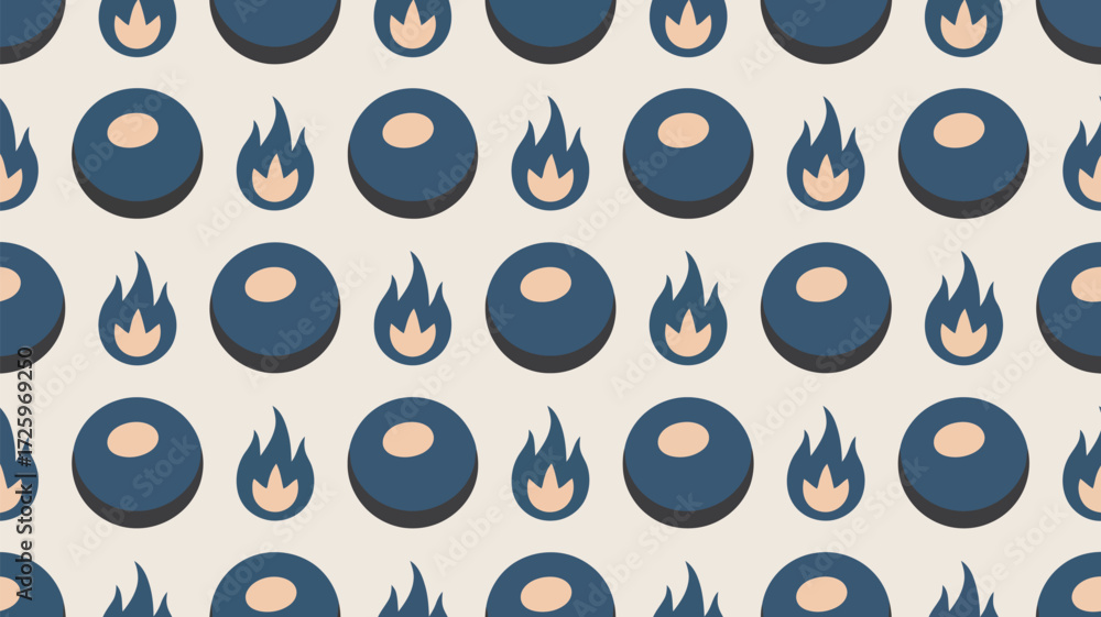 Poster a seamless pattern of blue circles and flame shapes on a light beige background in a repeating arran