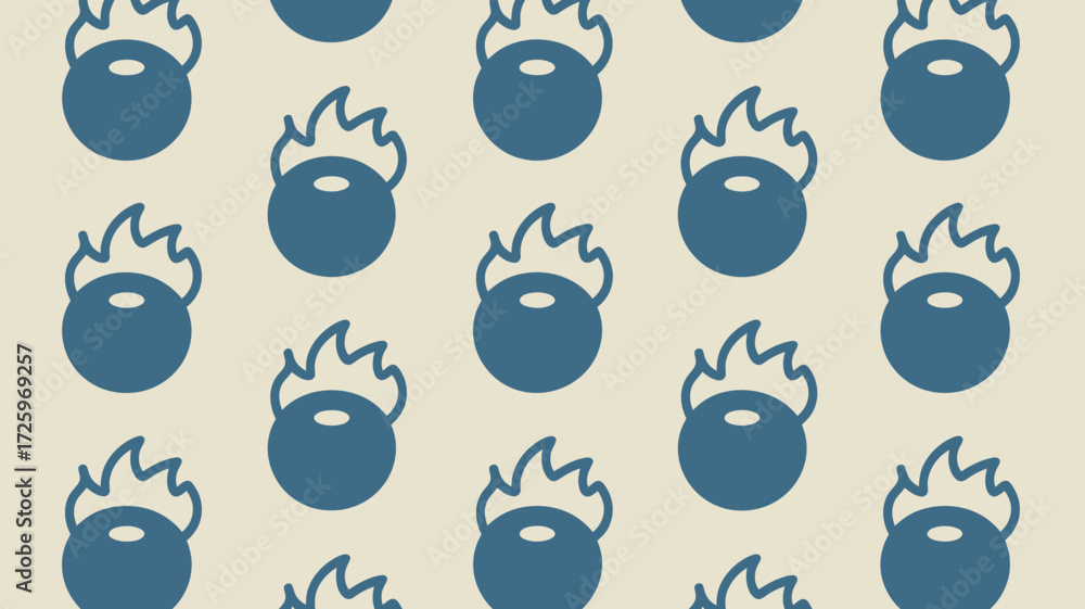 Poster repeated pattern of blue cauldron icons with flames on a light beige background design element