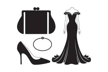Elegant black evening gown and accessories silhouette