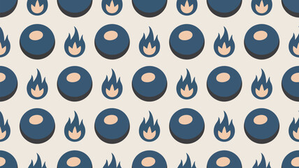 A seamless pattern of blue circles and flame shapes on a light beige background in a repeating arrangement