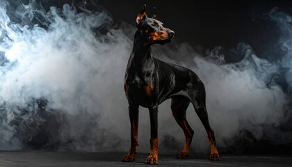 Elegant Doberman Pinscher with Intense Gaze Amidst a Smoky Enigmatic Backdrop
