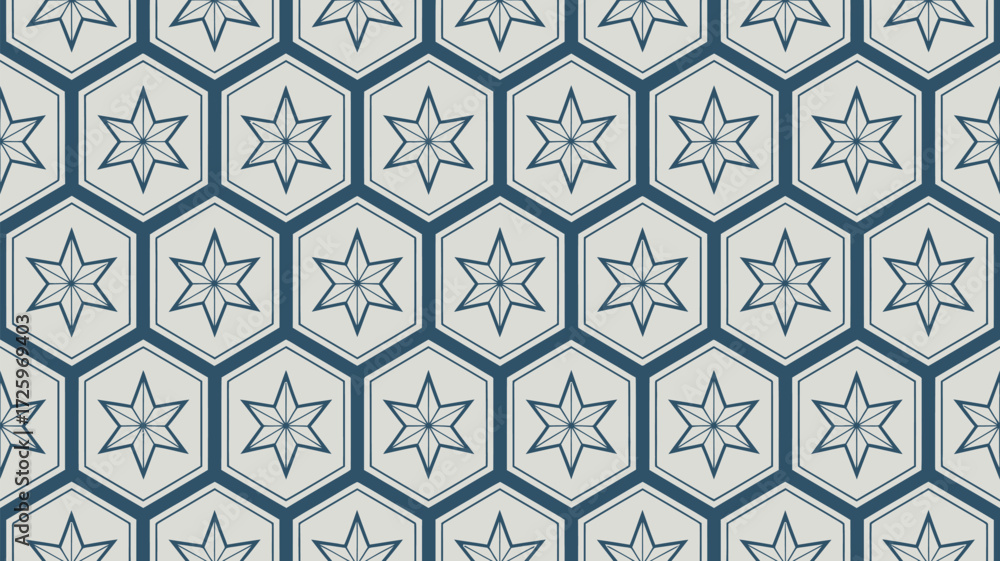 Poster a repeating pattern of six pointed stars inside hexagons with a blue outline forming a wallpaper des