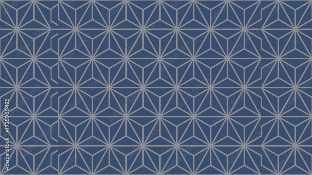 Poster geometric pattern with repeating star shapes and triangular forms on a blue background surface artfu