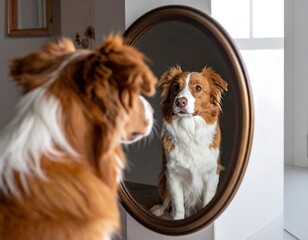 Dog looking at reflection in oval mirror