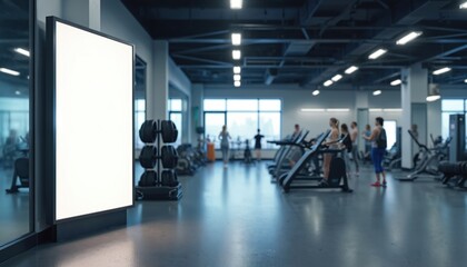 Sleek vertical digital display frame mockup inside modern gym. Blank screen for advertising fitness products or services. Clean, minimalist design ideal for marketing campaigns, promoting health.