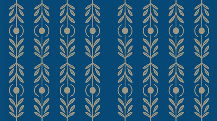 Repeated vertical pattern with stylized leaves circles and arcs on a blue background design layout