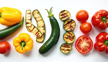 Assortment of fresh grilled vegetables including bell peppers, zucchini slices, whole tomatoes. Vibrant yellow, red peppers contrast with green zucchini, red tomatoes, showing grill marks from