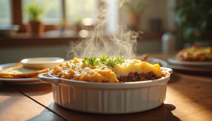 Hearty shepherd pie with rich beef filling steaming on kitchen table. Comfort food casserole topped with mashed potatoes and parsley, rustic homestyle dish, perfect for winter meals.