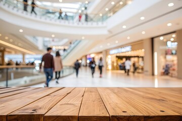 Obraz premium Empty wooden table platform over blur shopping mall interior background, product display and advertisement