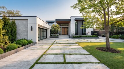 Fototapeta premium Exterior view of a contemporary luxury house featuring modern architecture. A pristine landscape. A meticulously designed driveway with integrated grass pavers. And a spacious garage
