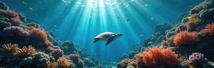 Mesmerizing underwater view features sea turtle swimming past vibrant coral reef teeming with small fish. Sunbeams penetrate blue ocean water, illuminating diverse marine life. Scene evokes