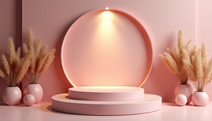 Minimalist pink podium with circular backdrop, decorative plants, and modern spotlight. Warm, contemporary ambiance highlights soft tones and clean geometric design for product display or event setup.