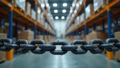 Heavy metal chain blocks access to warehouse interior, supply chain disruption, logistical challenges. Rows of shelves filled with boxes create perspective, suggesting storage, distribution issues.