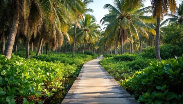 Wooden boardwalk winds through lush palmetto and sabal palm grove. Tropical foliage lines the path. Sunlit decking invites exploration in this serene Florida nature ecosystem.
