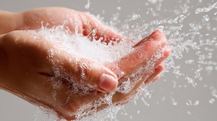 Fototapeta premium Person washing hands, soap foam and clean water splashing, creating bubbles and representing hygiene, virus prevention, cleanliness, and daily protection ritual