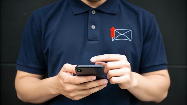 A person holding a phone with otp code message wearing a blue polo shirt with an email icon on it
