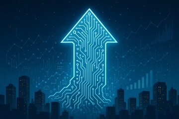 Digital circuit arrow rising over city, representing growth and technology