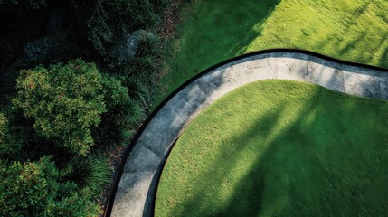 Winding concrete garden path creating boundary between manicured green lawn and lush dark foliage, clean design, aerial top view perspective, calm outdoor space