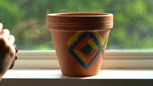 A person meticulously paints a decorative design on a terracotta planter at a window.