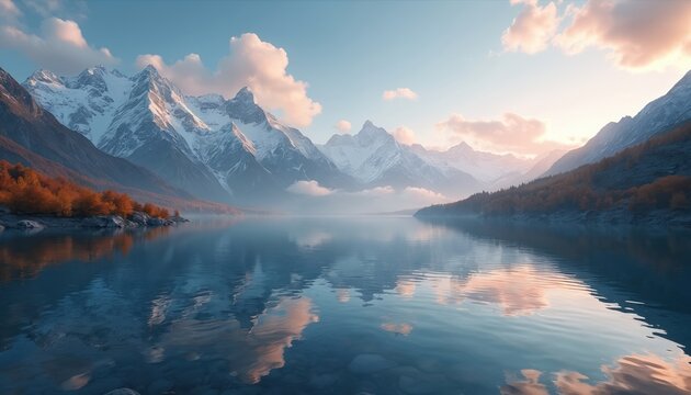 Serene lake at sunrise mirrors snow-capped mountains, autumn foliage. Tranquil water reflects golden light, conveying peace, natural beauty. Preserve freshwater resources, embrace conservation.