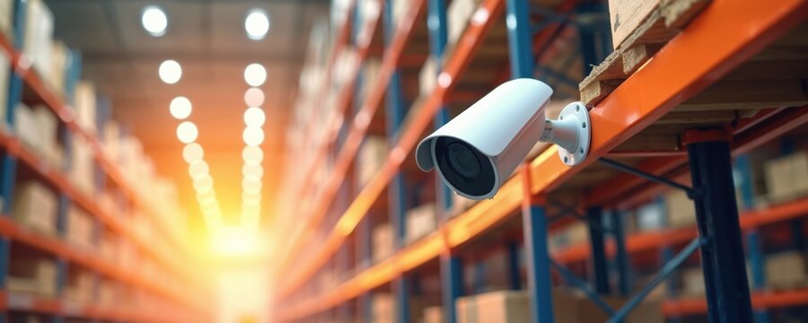 Surveillance camera installed in modern warehouse secures operations. White camera monitors stock, inventory, access, internal environment. Offers video recording, remote detection, protection.