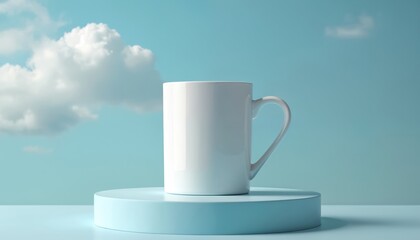 Blank white ceramic mug rests on light blue podium against soft sky with clouds, perfect for Earth Day promotion. Clean, minimalistic design ideal for personalizing with branding custom messages,