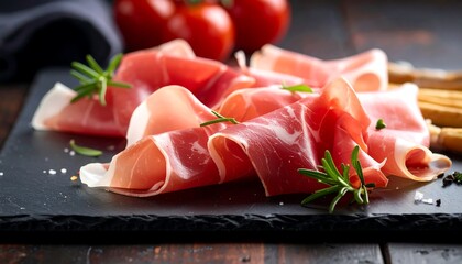 Thinly sliced cured ham with rosemary on a slate board, red tomatoes in background