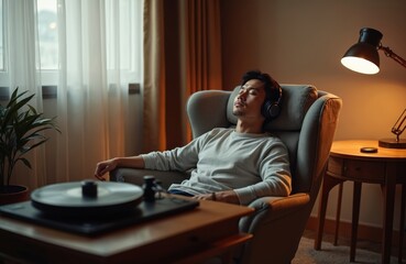 Fototapeta premium Asian man relaxes in comfortable armchair listening to jazz music via vintage record player and headphones. Focused enjoyment of high fidelity audio. Cozy living room ambiance with warm lighting.