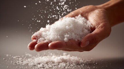 Fototapeta premium Person holding a pile of coarse sea salt, sprinkling salt crystals and grains over a surface, seasoning food ingredient, enhancing flavor and cooking process