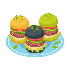 Colorful Vegan Burgers Displayed on a Light Blue Plate, Healthy Eating Concept
