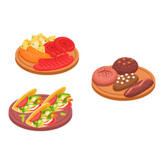 Assortment of Delicious Foods Sausages, Tacos, and Bread Rolls – A Culinary Feast Depicted