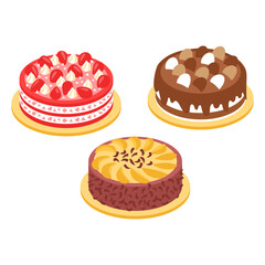 Delicious Fruit and Chocolate Cakes Arranged on Yellow Cake Boards Isolated on White Background