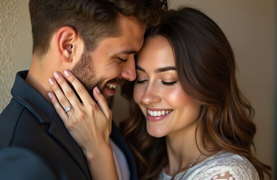 Engaged couple tenderly embracing, foreheads touching. Woman displays engagement ring while smiling. Man laughs, touching her face. Captures deep love, intimacy, happiness, and togetherness.