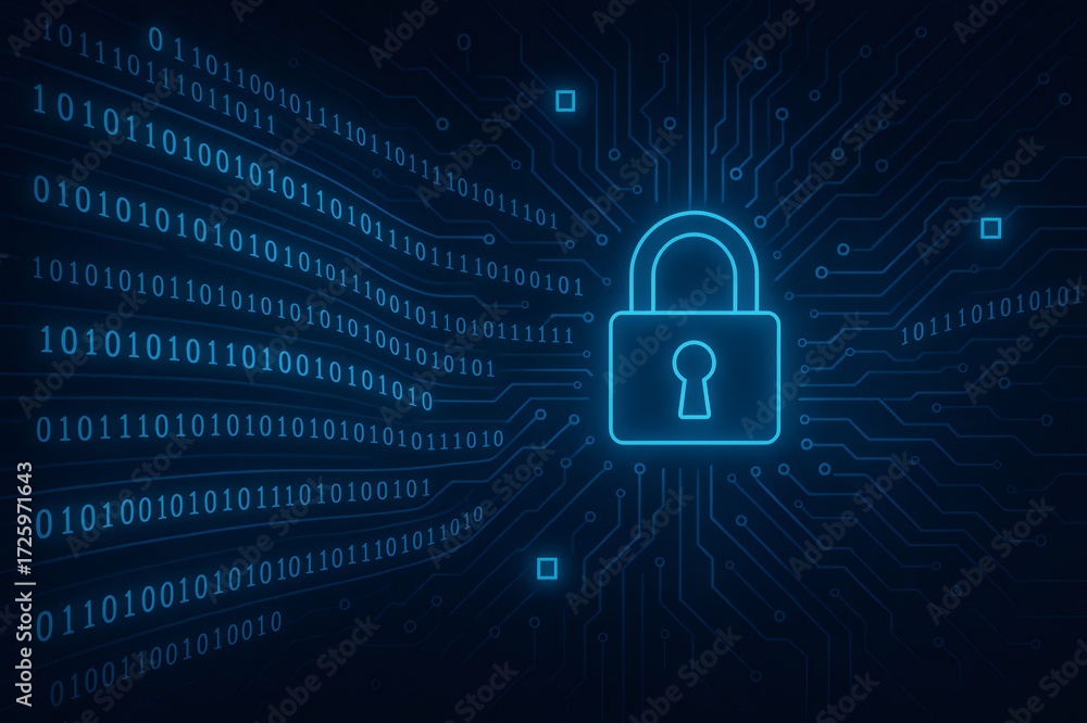 Poster cybersecurity padlock protecting digital data on circuit board