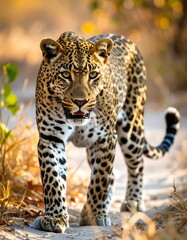 Obraz premium A leopard walks toward the camera in golden light, its spots sharply defined against a blurred background of tan grasses