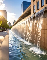 Urban fountain at sunset