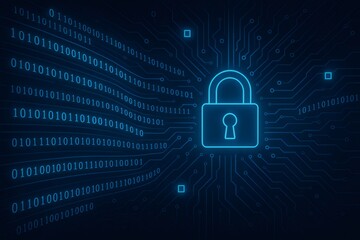 Cybersecurity padlock protecting digital data on circuit board