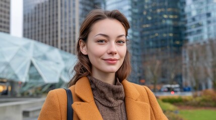 Obraz premium Confident Young Woman in Stylish Autumn Outfit Against Urban Backdrop