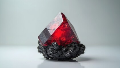 Stunning macro shot of trigonal selenium crystal specimen, vibrant red metallic luster, sharp geometric form. Crystal rests on dark, textured base, offering unique geological display perfect for