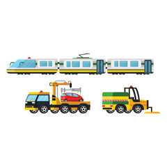 Set of various types of vehicles including a high-speed train, tow truck, and snow plow truck
