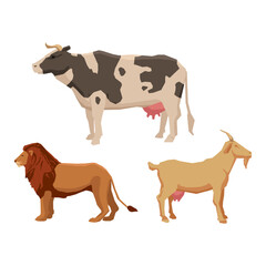 Captivating concept illustration of diverse animal life featuring a farm cow, a wild lion, and a domestic goat