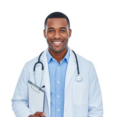 Smiling african american doctor wearing a white lab coat and stethoscope holding a clipboard isolated on transparent background