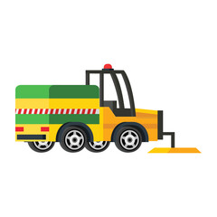 Cartoon illustration of a road sweeper vehicle in yellow and green colors on a white background